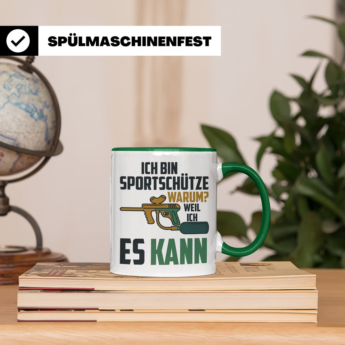 Paintball Tasse mit Spruch 'Ich bin Sportschütze weil ich es – Grün [farbe:grün]