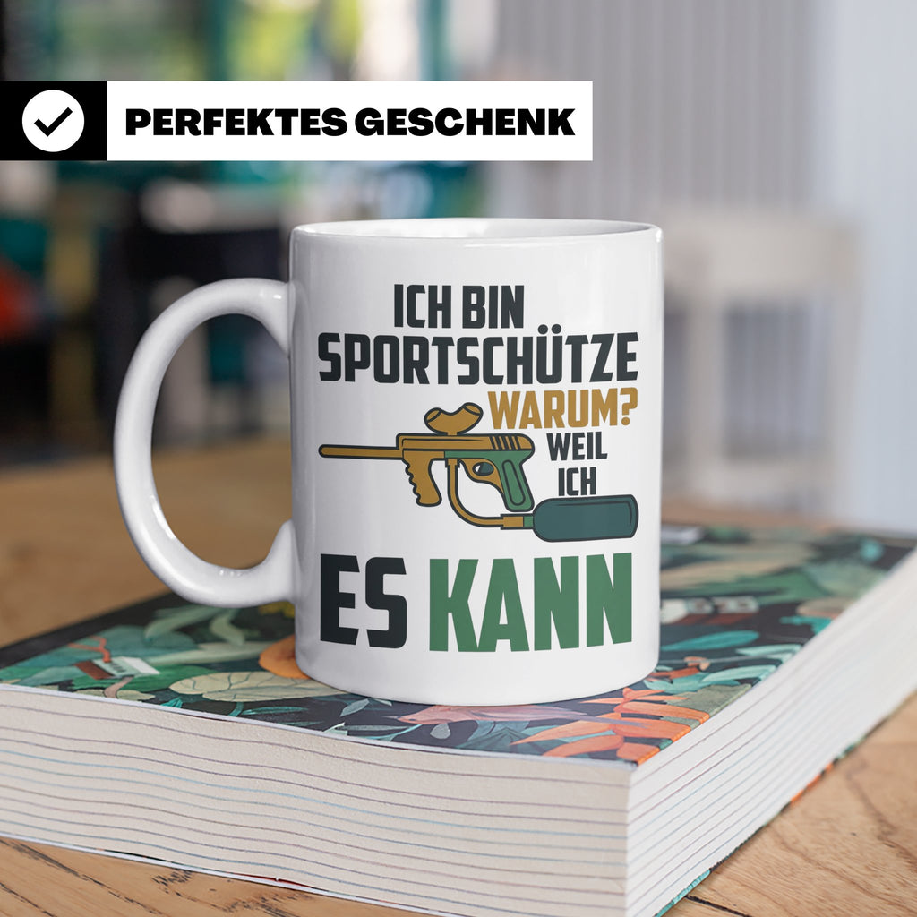 Paintball Tasse mit Spruch 'Ich bin Sportschütze weil ich es – Weiß [farbe:weiß]