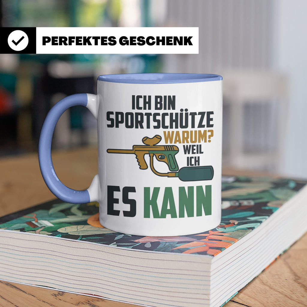 Paintball Tasse mit Spruch 'Ich bin Sportschütze weil ich es – Blau [farbe:blau]