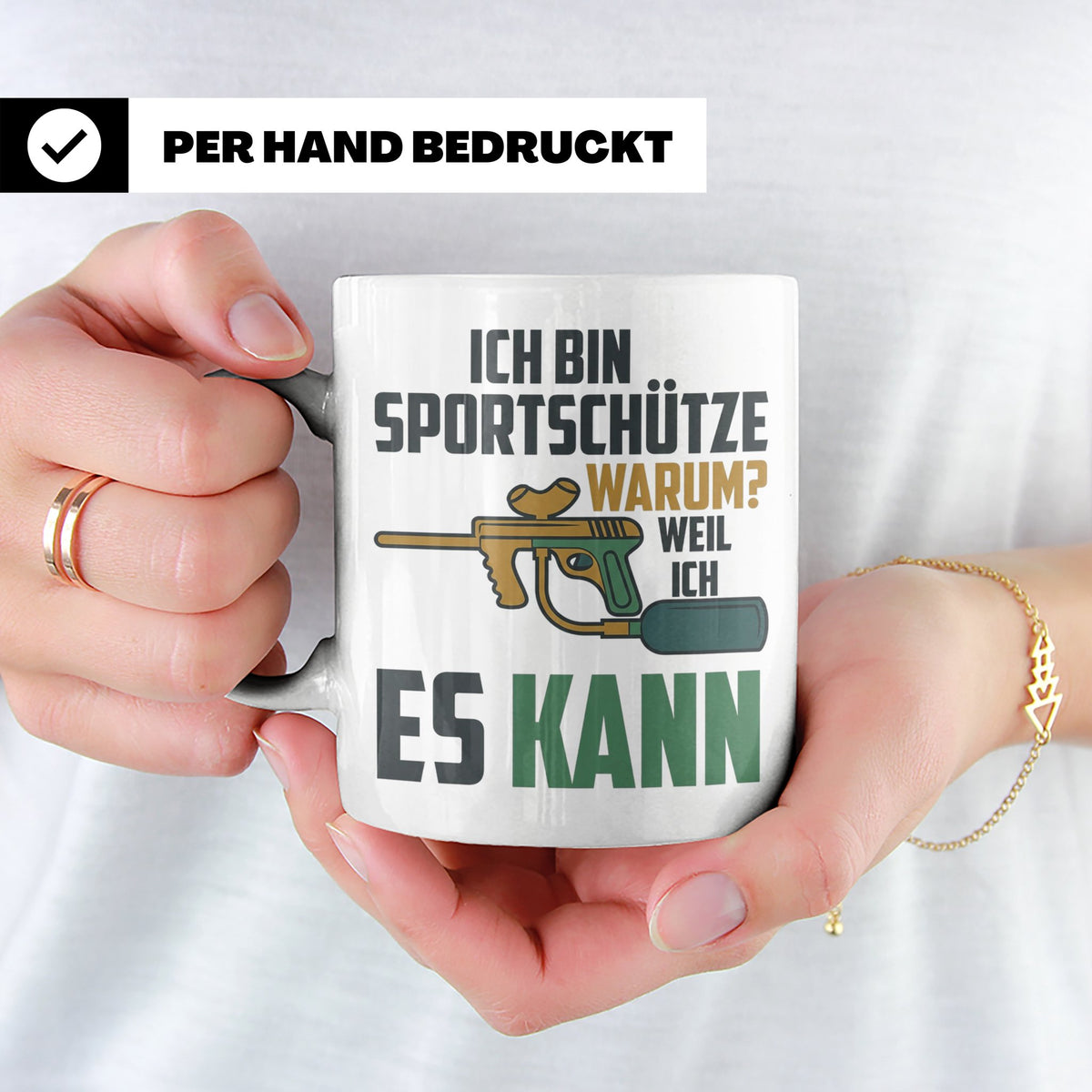 Paintball Tasse mit Spruch 'Ich bin Sportschütze weil ich es – Weiß [farbe:weiß]