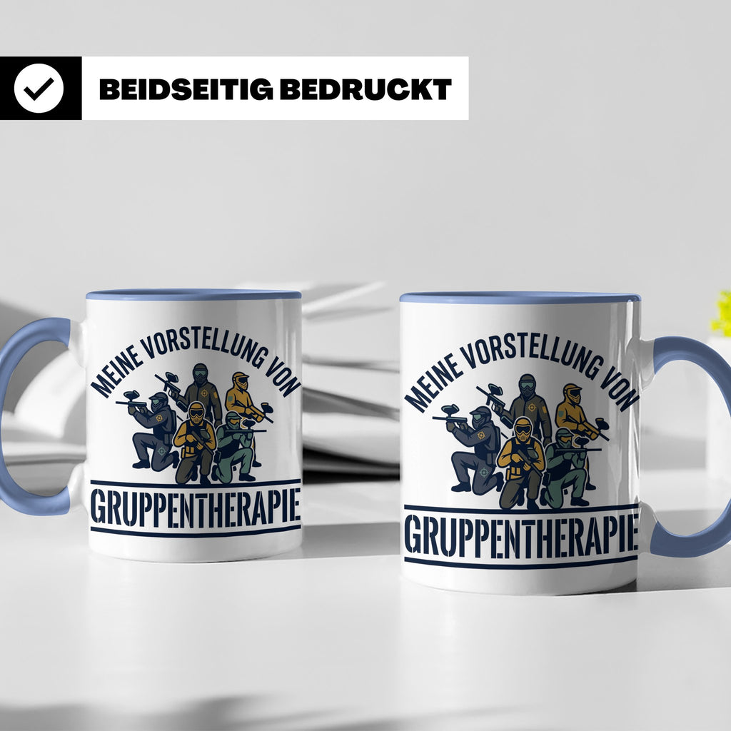 Paintball Tasse Gruppentherapie, lustiger Gotcha Spruch, Ges – Blau [farbe:blau]