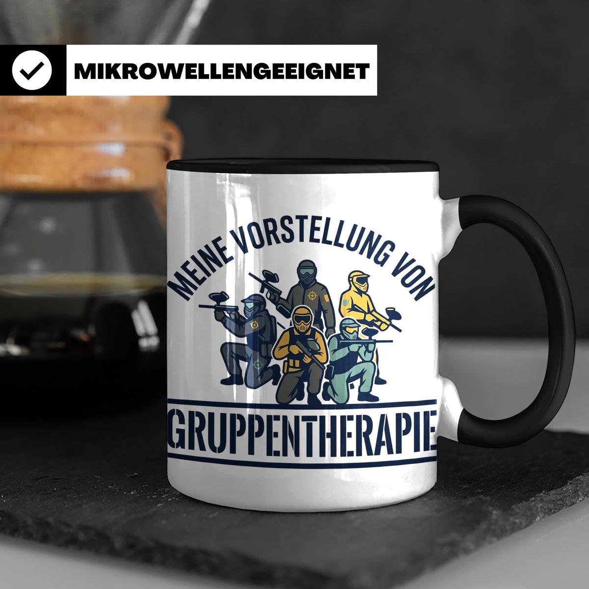 Paintball Tasse Gruppentherapie, lustiger Gotcha Spruch, Ges – Schwarz [farbe:schwarz]