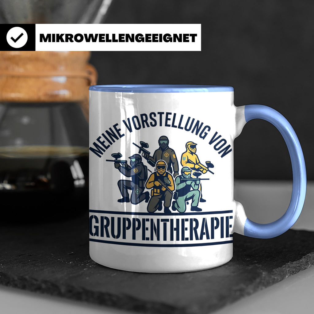 Paintball Tasse Gruppentherapie, lustiger Gotcha Spruch, Ges – Blau [farbe:blau]