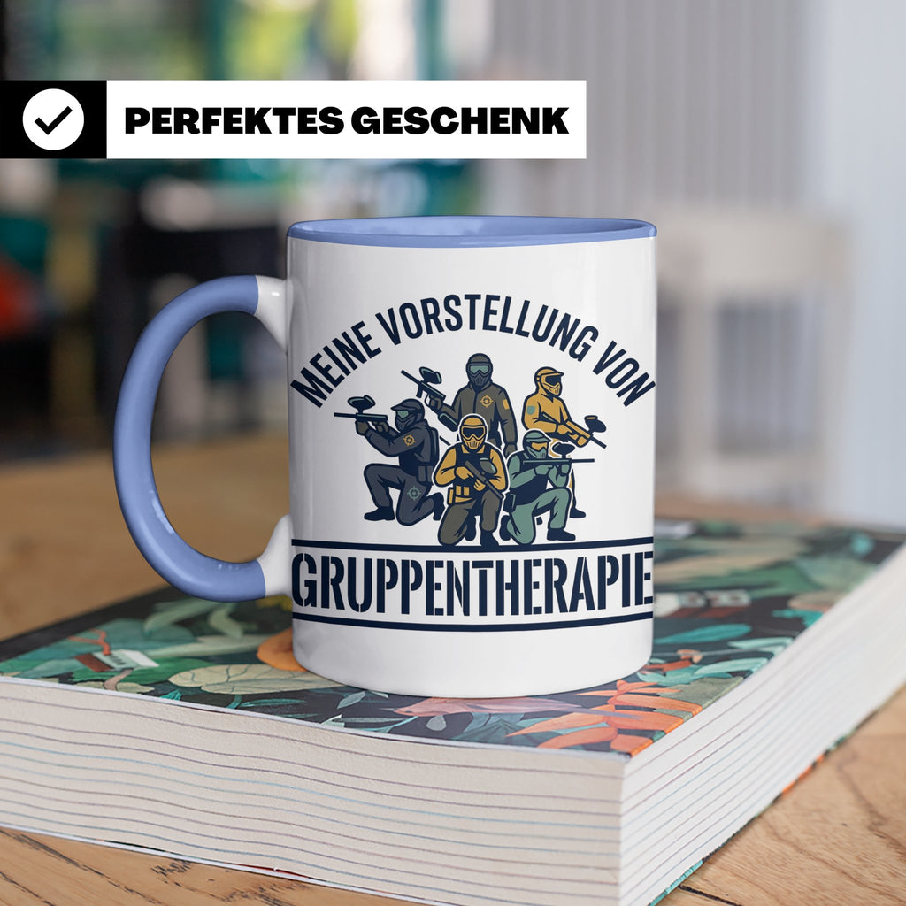Paintball Tasse Gruppentherapie, lustiger Gotcha Spruch, Ges – Blau [farbe:blau]