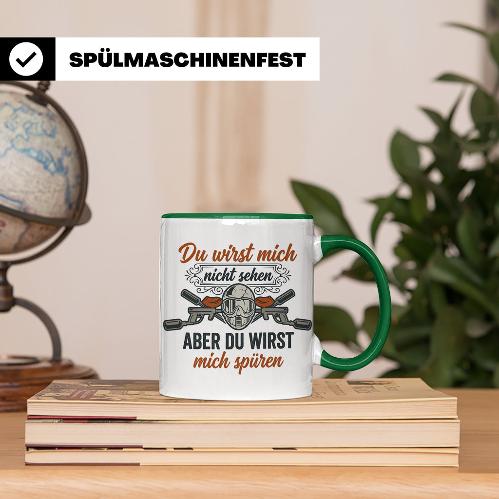 Paintball Tasse mit Spruch Du wirst mich nicht sehen, Gotcha – Grün [farbe:grün]