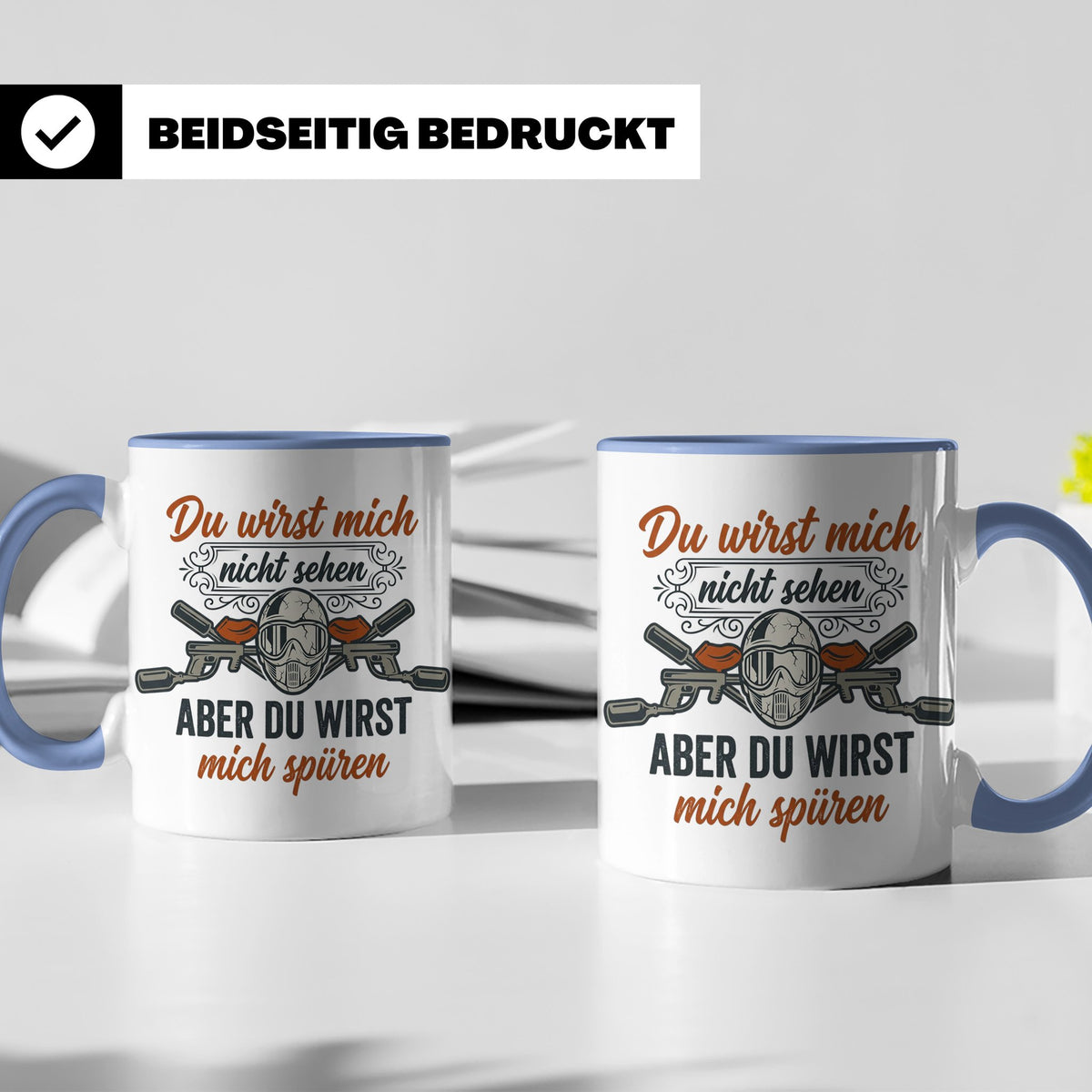 Paintball Tasse mit Spruch Du wirst mich nicht sehen, Gotcha – Blau [farbe:blau]