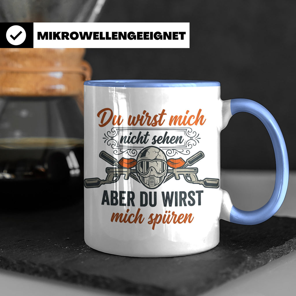 Paintball Tasse mit Spruch Du wirst mich nicht sehen, Gotcha – Blau [farbe:blau]
