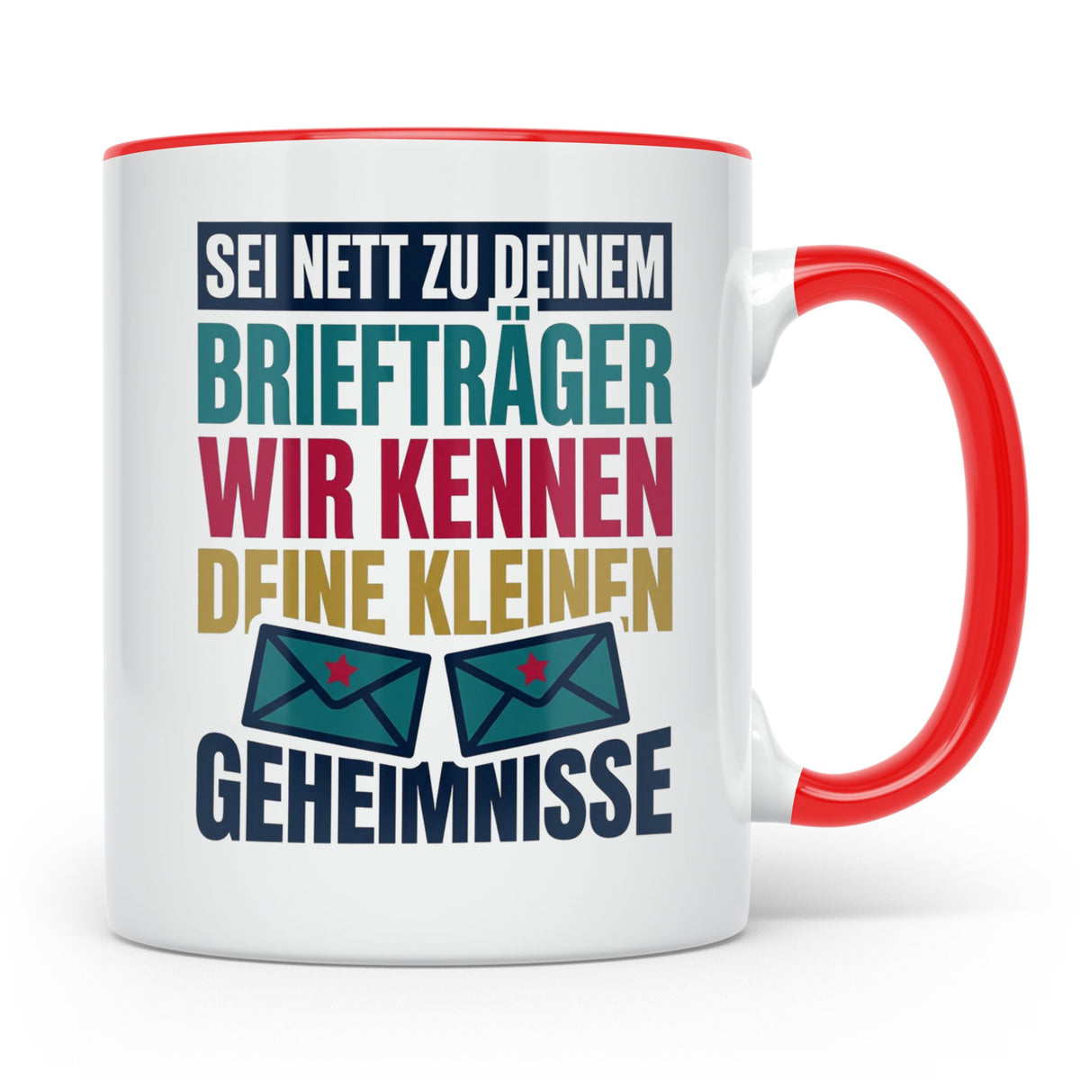 Briefträger Tasse mit Spruch "Wir kennen deine Geheimnisse"  – Rot [farbe:rot]