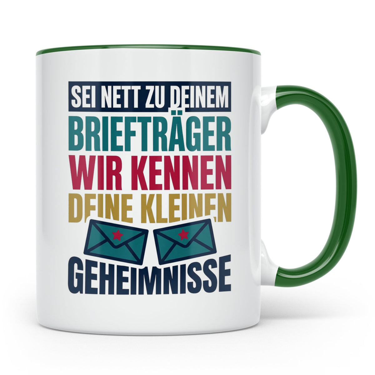 Briefträger Tasse mit Spruch "Wir kennen deine Geheimnisse"  – Grün [farbe:grün]