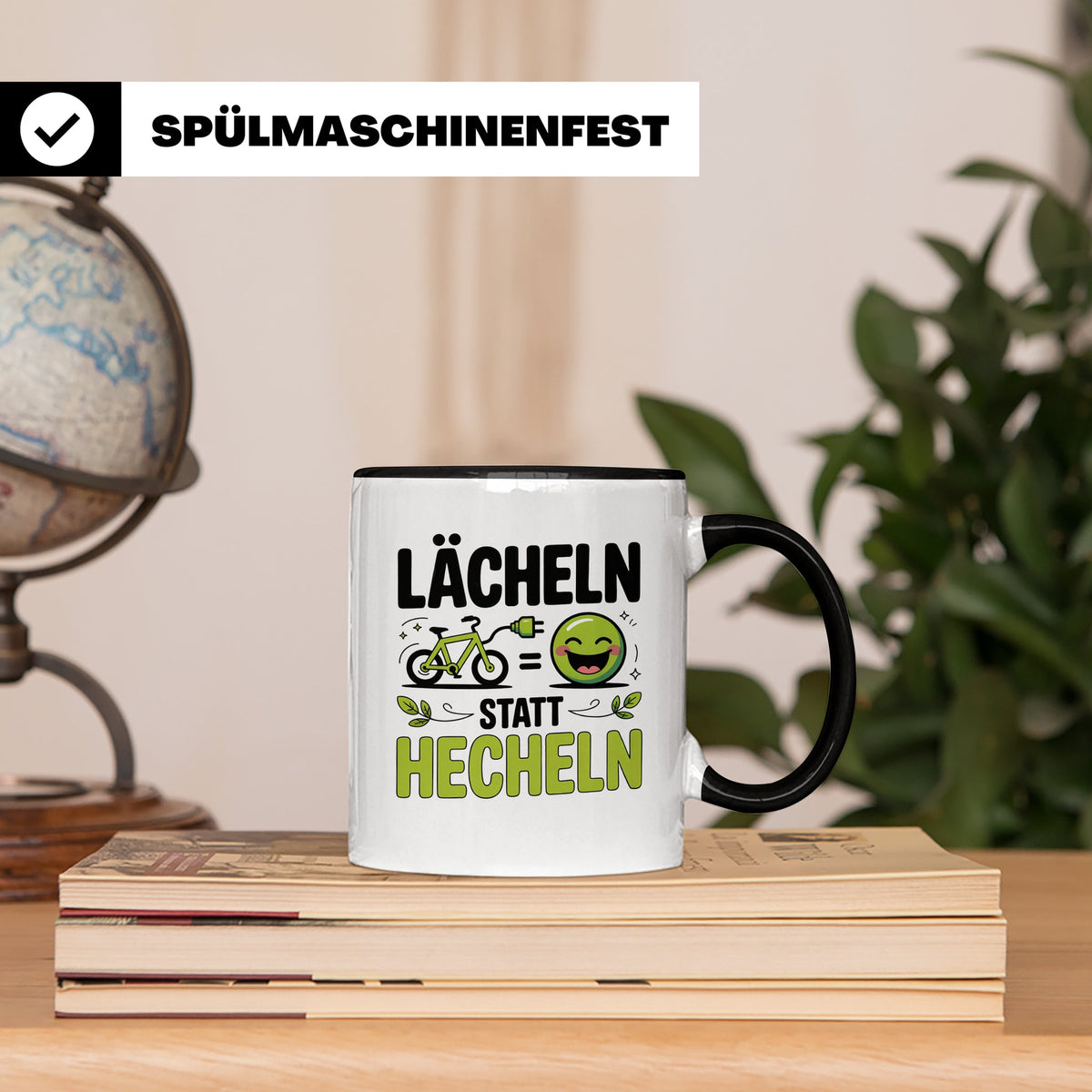 E-Bike Tasse: Lächeln statt Hecheln! Fahrradfahrer Geschenki – Schwarz [farbe:schwarz]