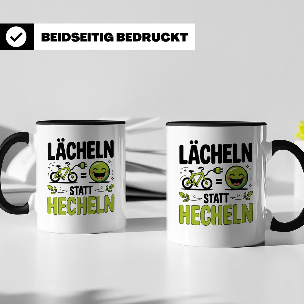 E-Bike Tasse: Lächeln statt Hecheln! Fahrradfahrer Geschenki – Schwarz [farbe:schwarz]