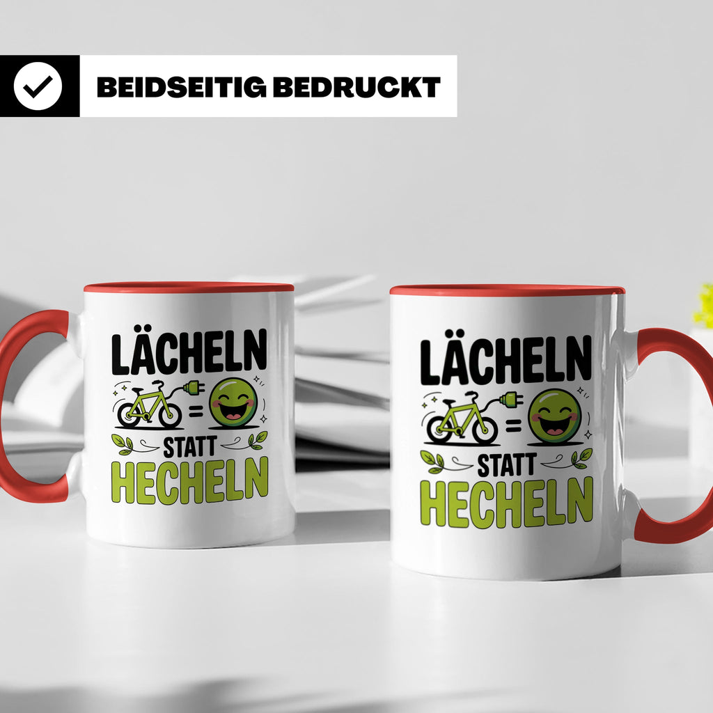 E-Bike Tasse: Lächeln statt Hecheln! Fahrradfahrer Geschenki – Rot [farbe:rot]