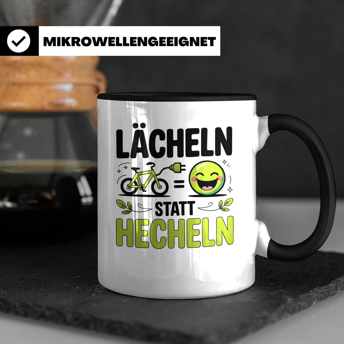 E-Bike Tasse: Lächeln statt Hecheln! Fahrradfahrer Geschenki – Schwarz [farbe:schwarz]