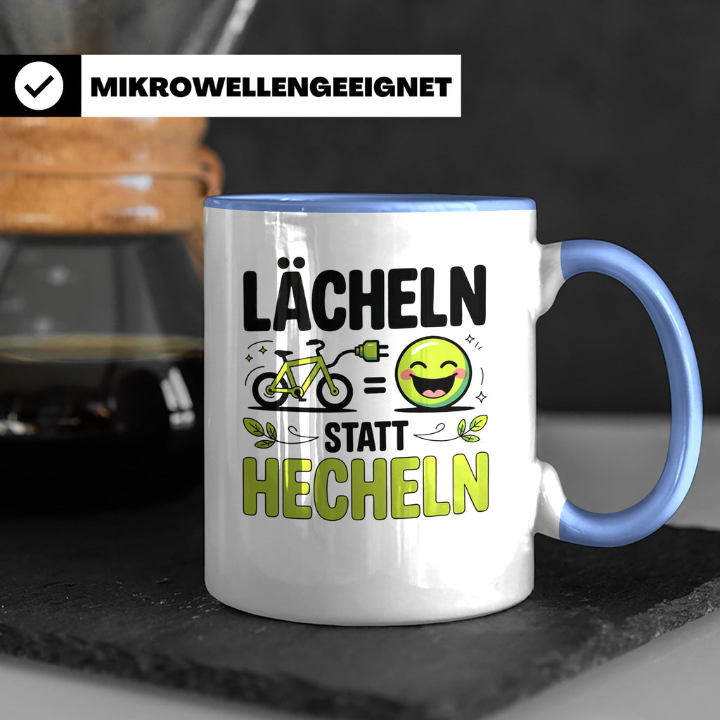 E-Bike Tasse: Lächeln statt Hecheln! Fahrradfahrer Geschenki – Blau [farbe:blau]