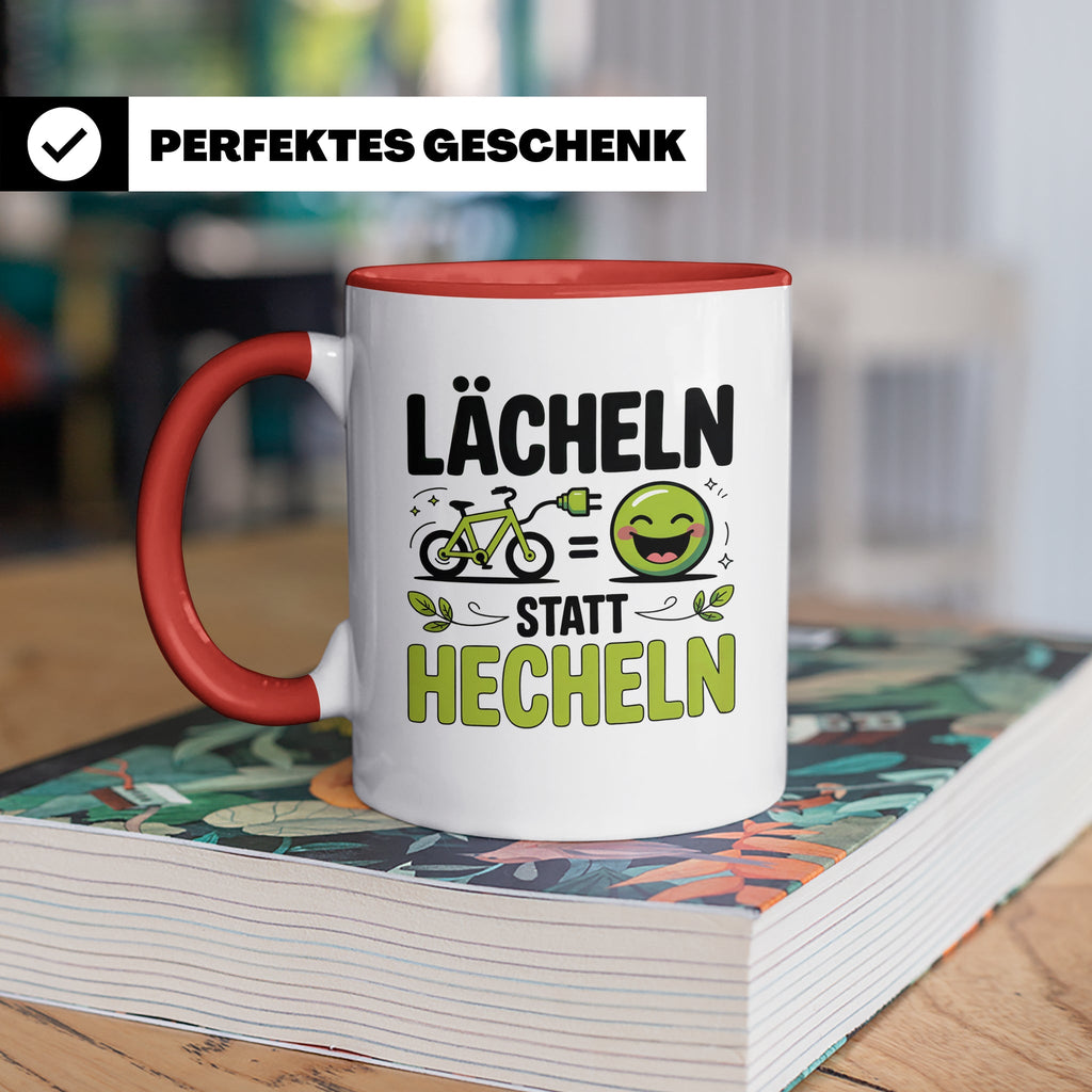 E-Bike Tasse: Lächeln statt Hecheln! Fahrradfahrer Geschenki – Rot [farbe:rot]