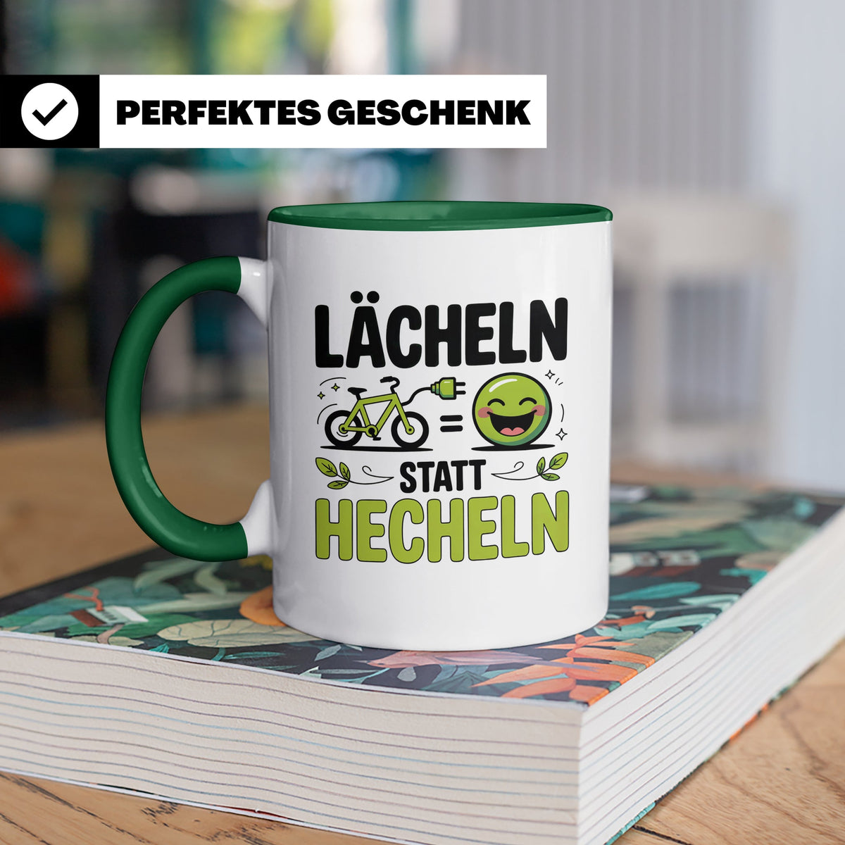 E-Bike Tasse: Lächeln statt Hecheln! Fahrradfahrer Geschenki – Grün [farbe:grün]