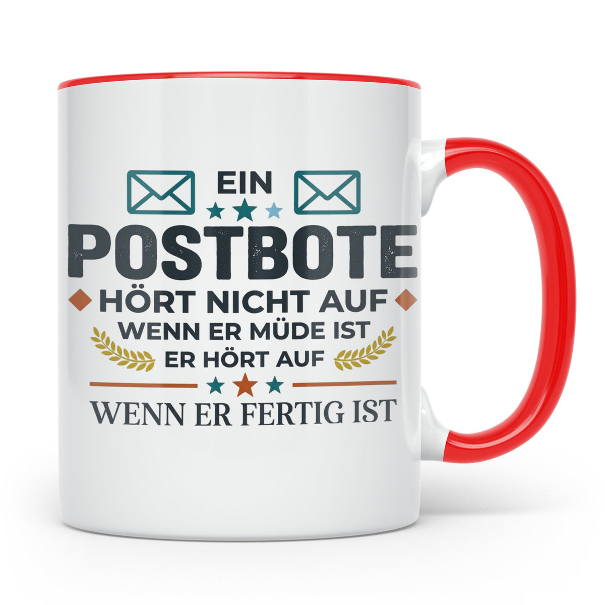 Postbote Tasse mit Spruch "Hört nicht auf wenn er müde ist"  – Rot [farbe:rot]
