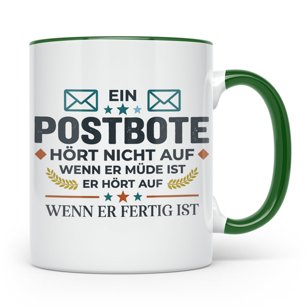 Postbote Tasse mit Spruch "Hört nicht auf wenn er müde ist"  – Grün [farbe:grün]