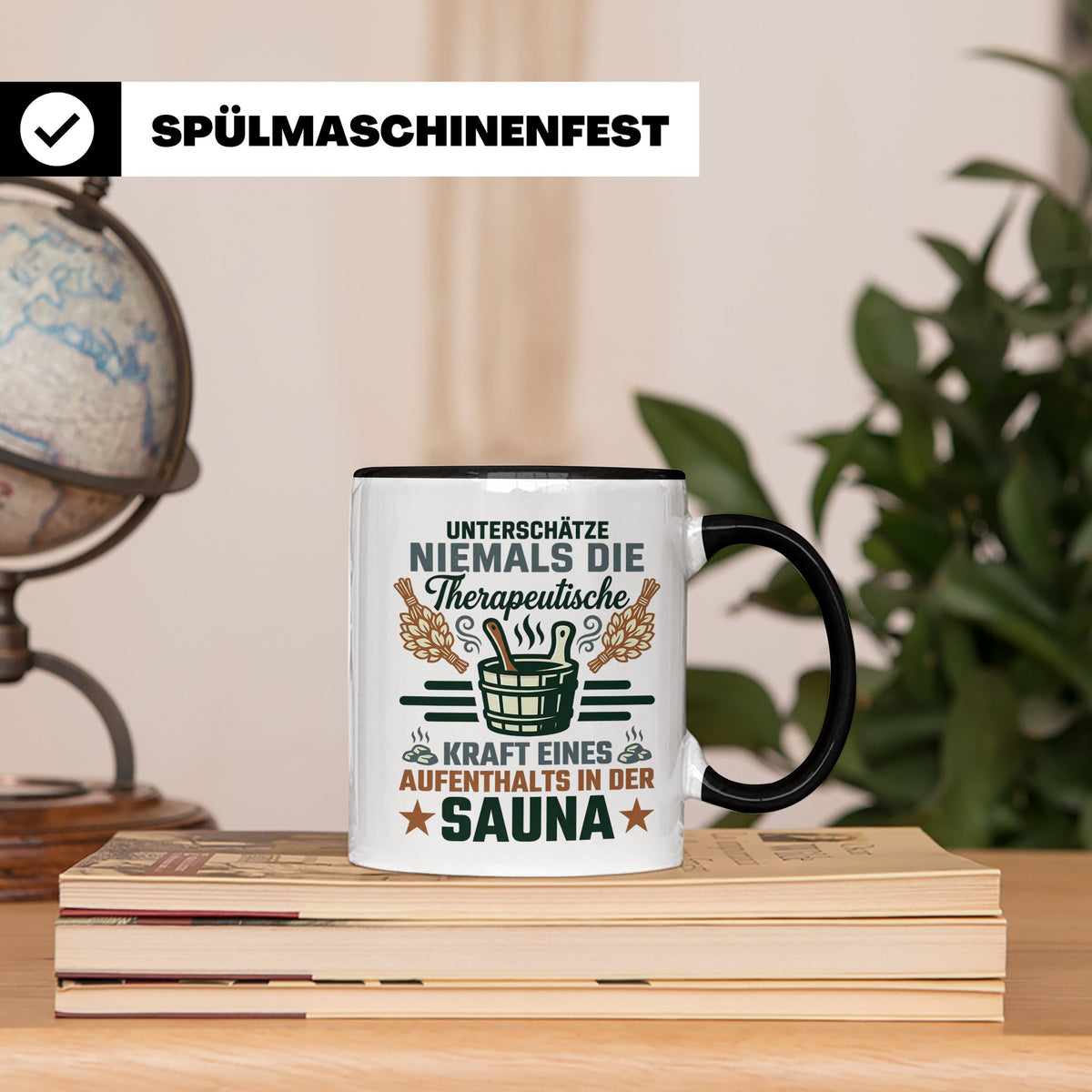 Sauna Tasse mit Spruch Therapeutische Kraft. Geschenk für Sa – Schwarz [farbe:schwarz]