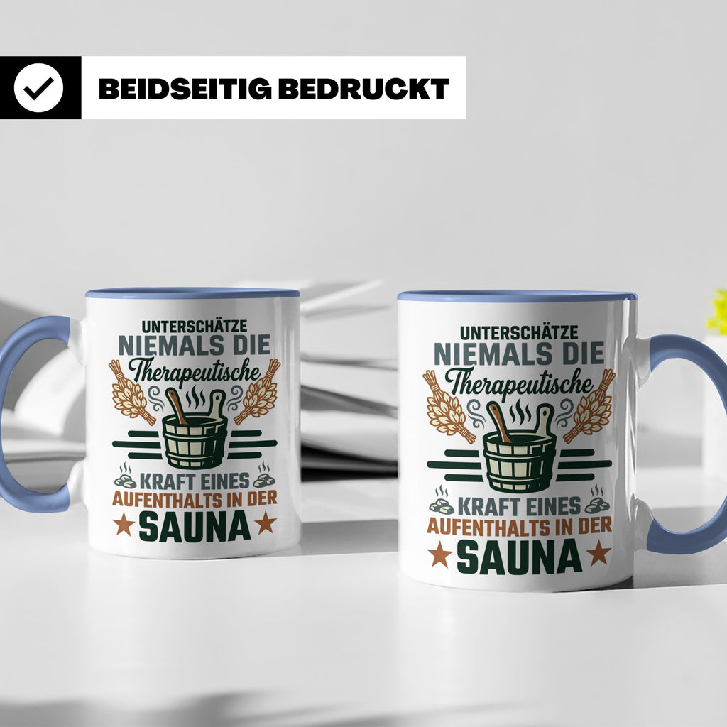 Sauna Tasse mit Spruch Therapeutische Kraft. Geschenk für Sa – Blau [farbe:blau]