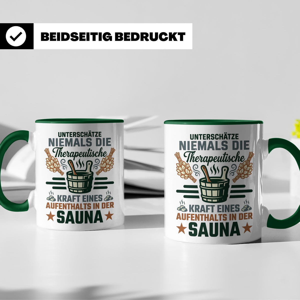 Sauna Tasse mit Spruch Therapeutische Kraft. Geschenk für Sa – Grün [farbe:grün]
