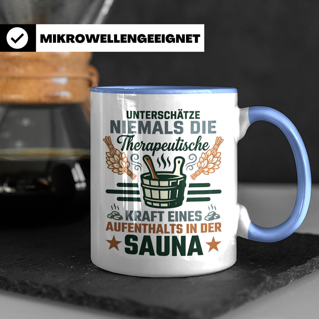 Sauna Tasse mit Spruch Therapeutische Kraft. Geschenk für Sa – Blau [farbe:blau]