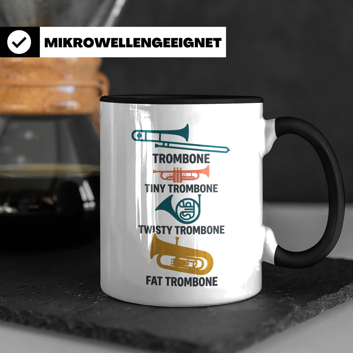 Posaunist Tasse mit lustigem Spruch Tiny Twisty Fat Trombone – Schwarz [farbe:schwarz]