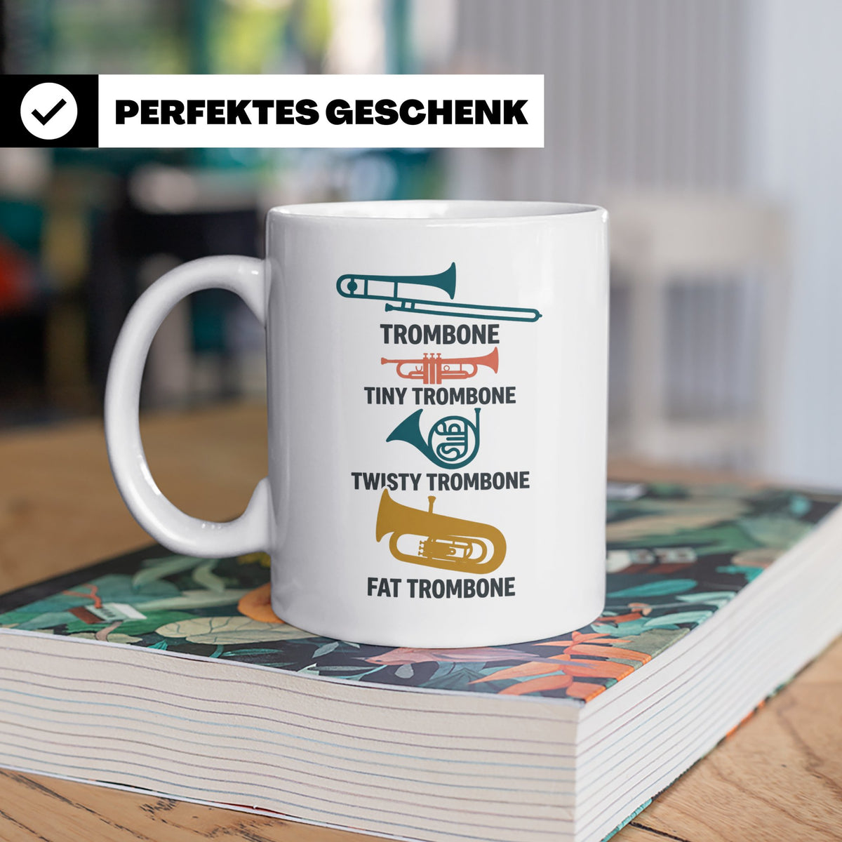 Posaunist Tasse mit lustigem Spruch Tiny Twisty Fat Trombone – Weiß [farbe:weiß]
