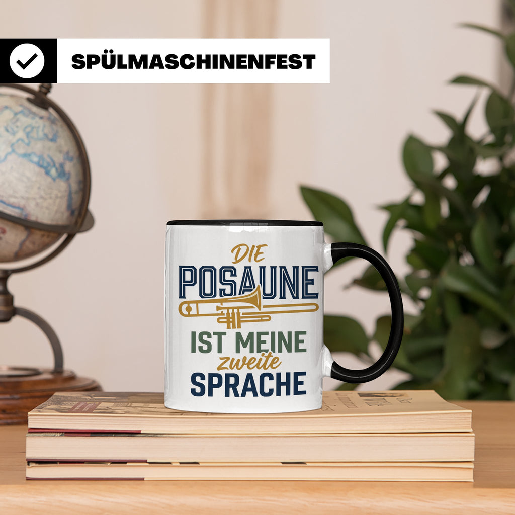 Posaune Tasse Spruch 'zweite Sprache' für Posaunist, Musiker – Schwarz [farbe:schwarz]