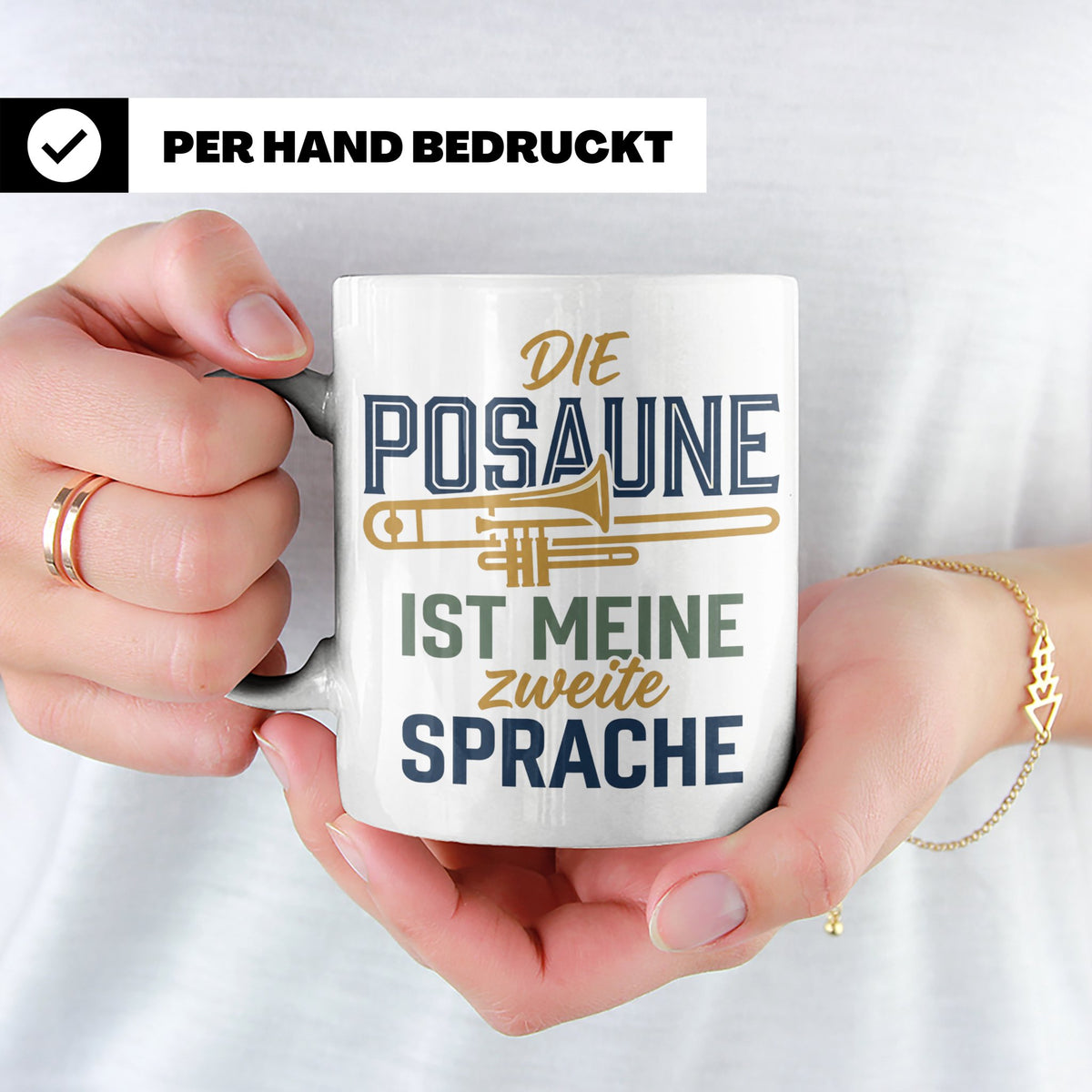 Posaune Tasse Spruch 'zweite Sprache' für Posaunist, Musiker – Weiß [farbe:weiß]