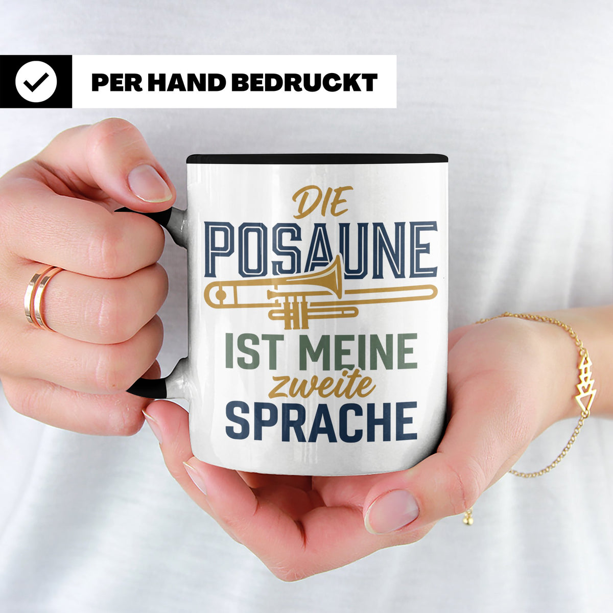 Posaune Tasse Spruch 'zweite Sprache' für Posaunist, Musiker – Schwarz [farbe:schwarz]