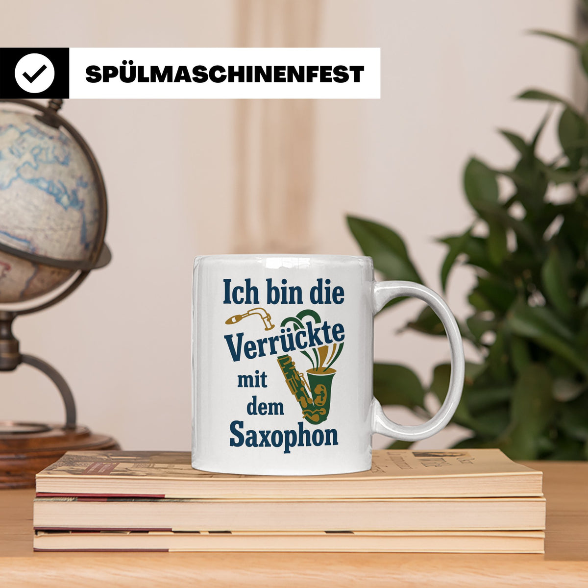 Saxophonistin Tasse mit Spruch Ich bin die Verrückte, Gesche – Weiß [farbe:weiß]