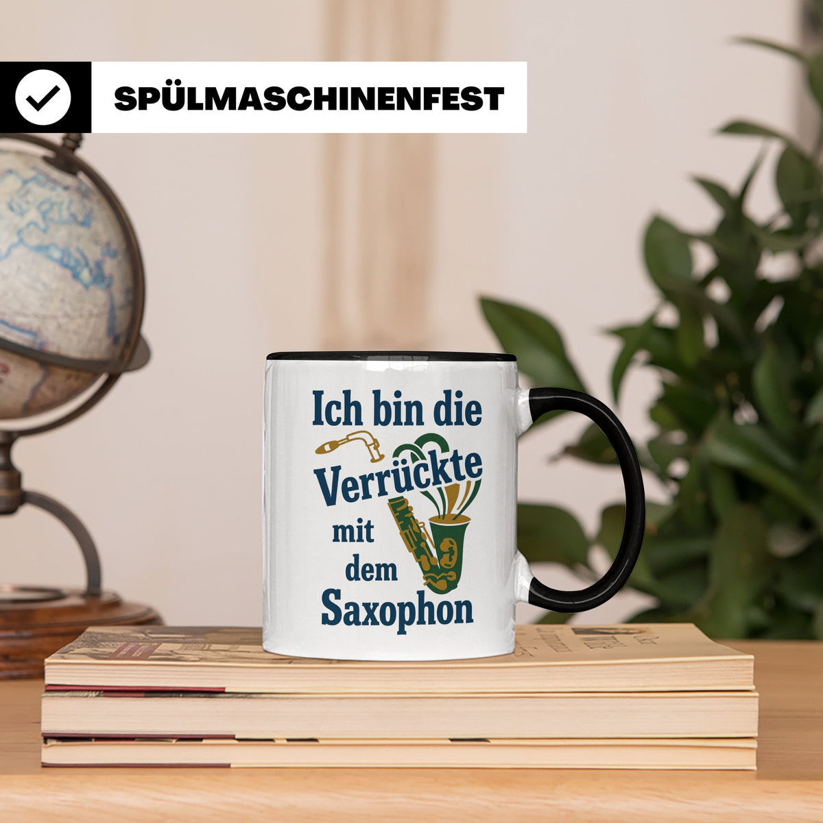 Saxophonistin Tasse mit Spruch Ich bin die Verrückte, Gesche – Schwarz [farbe:schwarz]