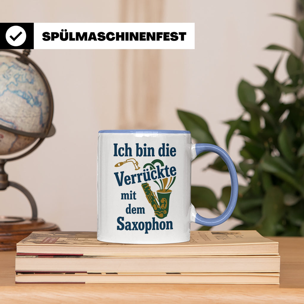 Saxophonistin Tasse mit Spruch Ich bin die Verrückte, Gesche – Blau [farbe:blau]