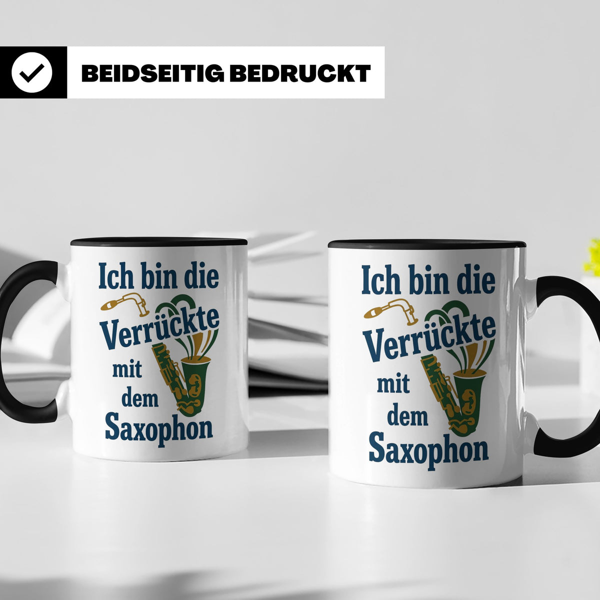 Saxophonistin Tasse mit Spruch Ich bin die Verrückte, Gesche – Schwarz [farbe:schwarz]