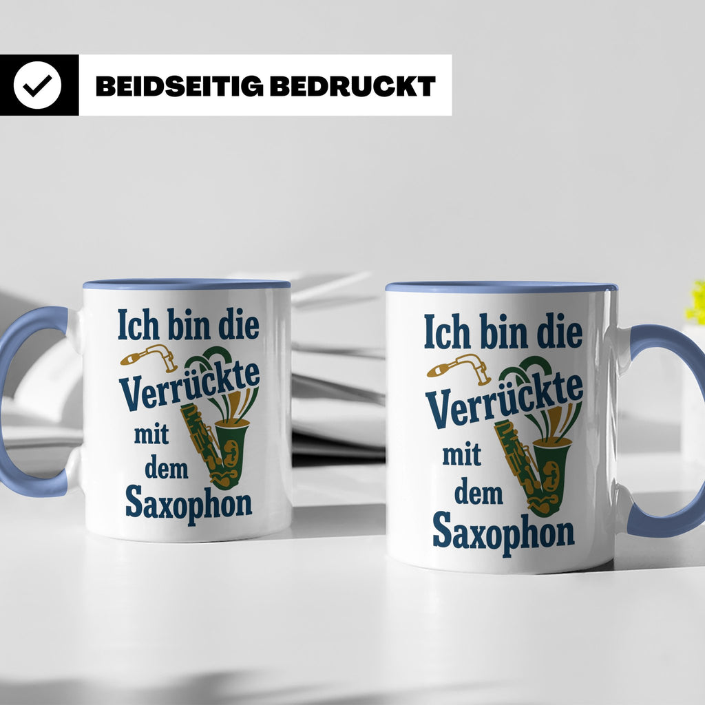 Saxophonistin Tasse mit Spruch Ich bin die Verrückte, Gesche – Blau [farbe:blau]