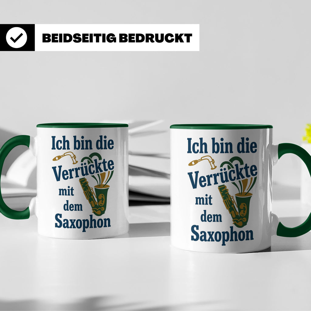 Saxophonistin Tasse mit Spruch Ich bin die Verrückte, Gesche – Grün [farbe:grün]