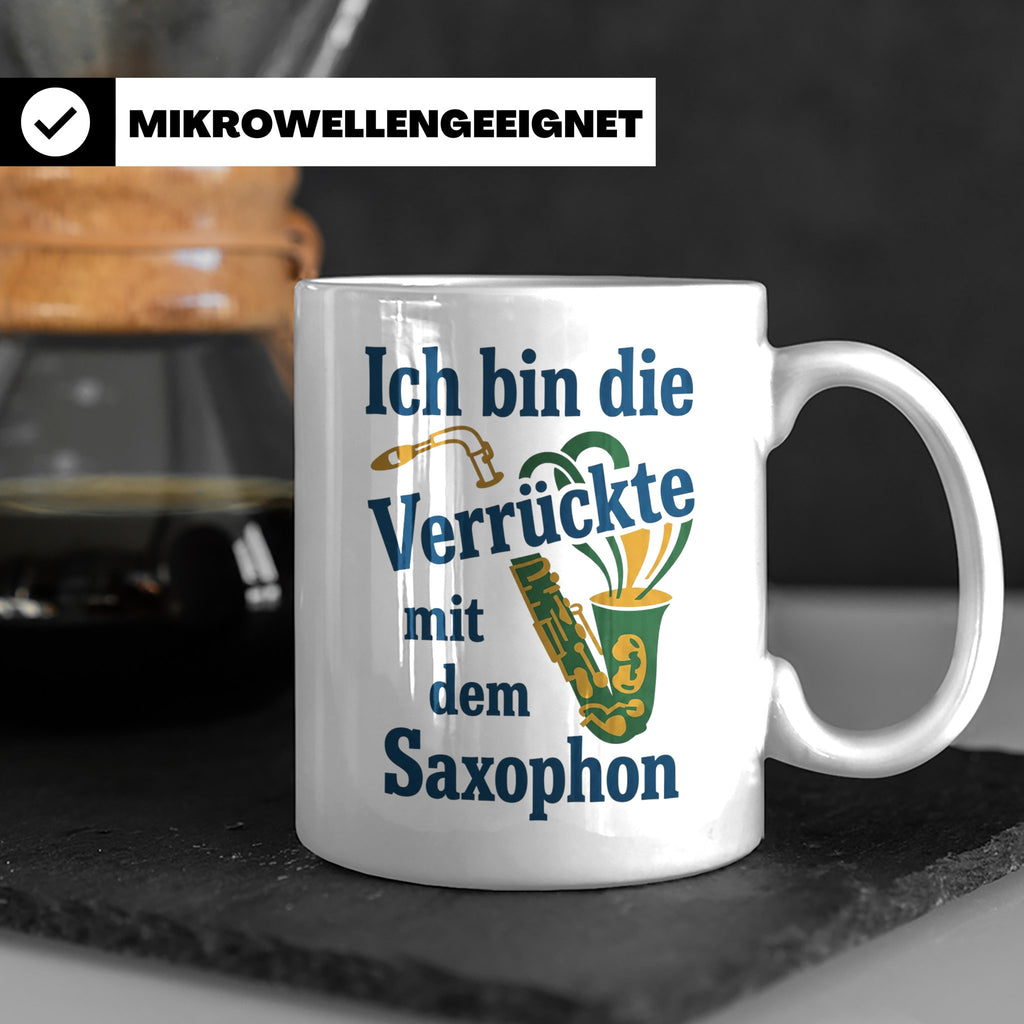 Saxophonistin Tasse mit Spruch Ich bin die Verrückte, Gesche – Weiß [farbe:weiß]