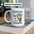 Saxophonistin Tasse mit Spruch Ich bin die Verrückte, Gesche – Weiß [farbe:weiß]