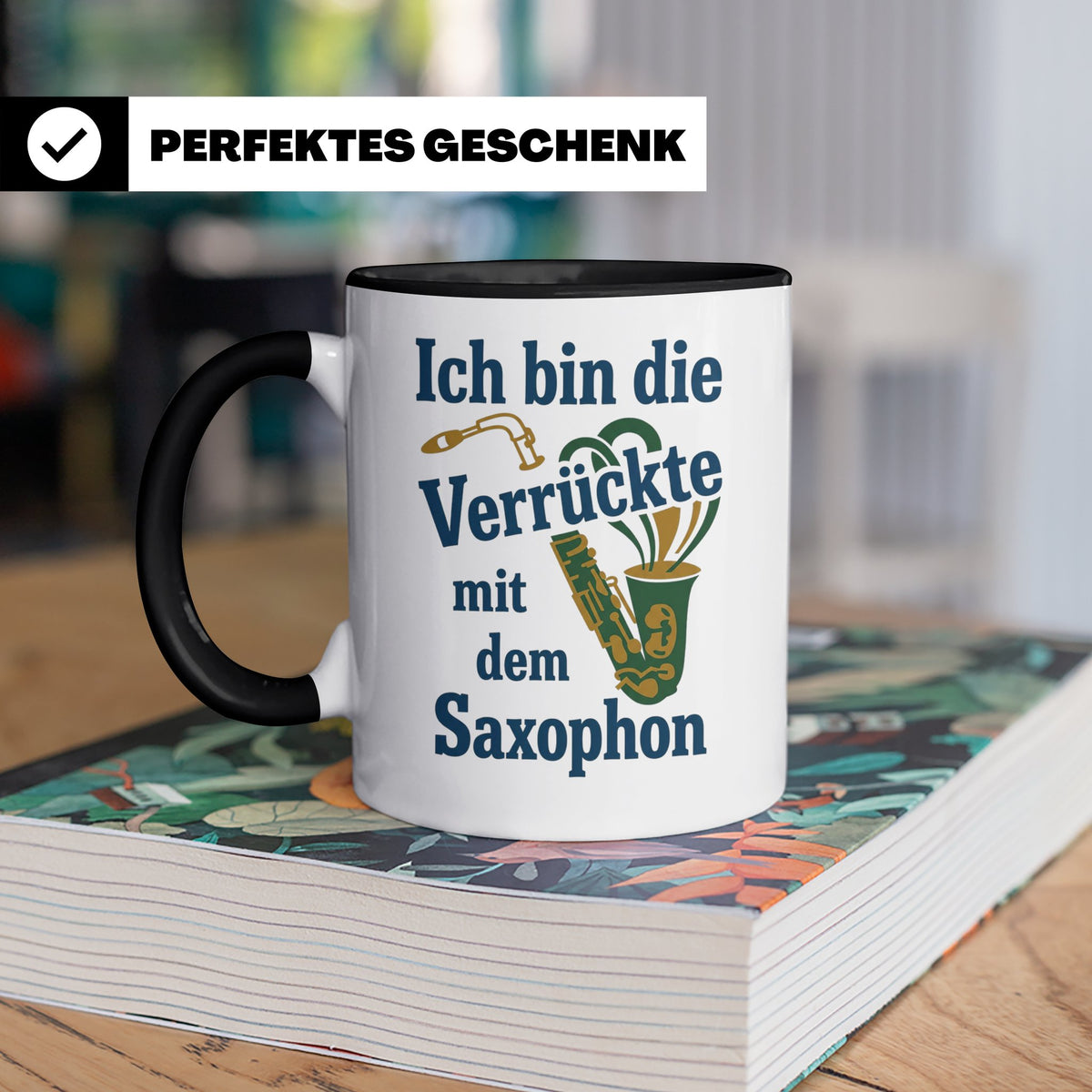 Saxophonistin Tasse mit Spruch Ich bin die Verrückte, Gesche – Schwarz [farbe:schwarz]