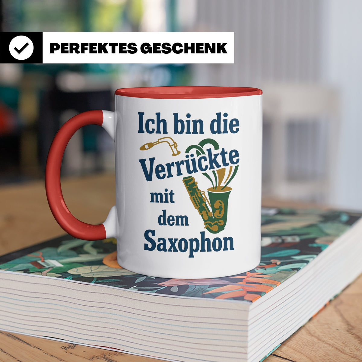 Saxophonistin Tasse mit Spruch Ich bin die Verrückte, Gesche – Rot [farbe:rot]