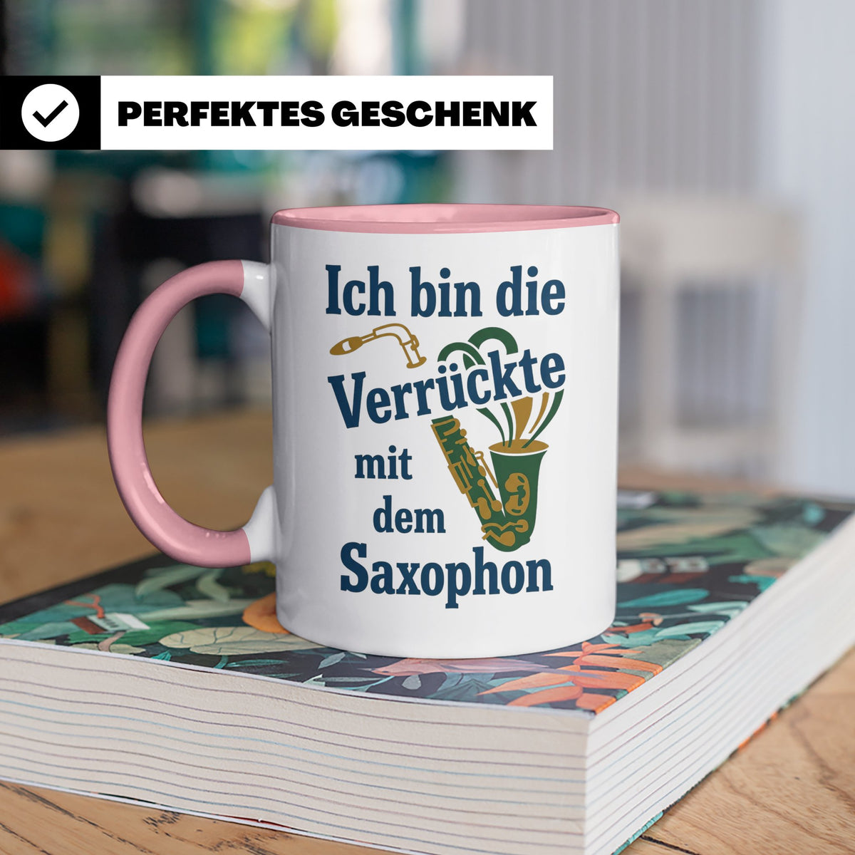 Saxophonistin Tasse mit Spruch Ich bin die Verrückte, Gesche – Rosa [farbe:rosa]