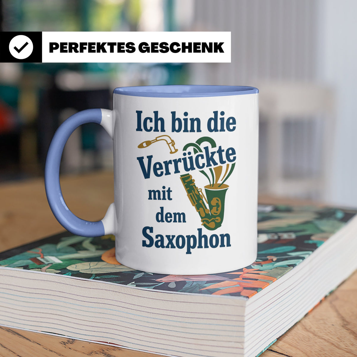 Saxophonistin Tasse mit Spruch Ich bin die Verrückte, Gesche – Blau [farbe:blau]