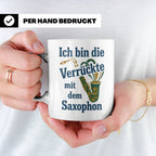 Saxophonistin Tasse mit Spruch Ich bin die Verrückte, Gesche – Weiß [farbe:weiß]