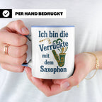 Saxophonistin Tasse mit Spruch Ich bin die Verrückte, Gesche – Blau [farbe:blau]