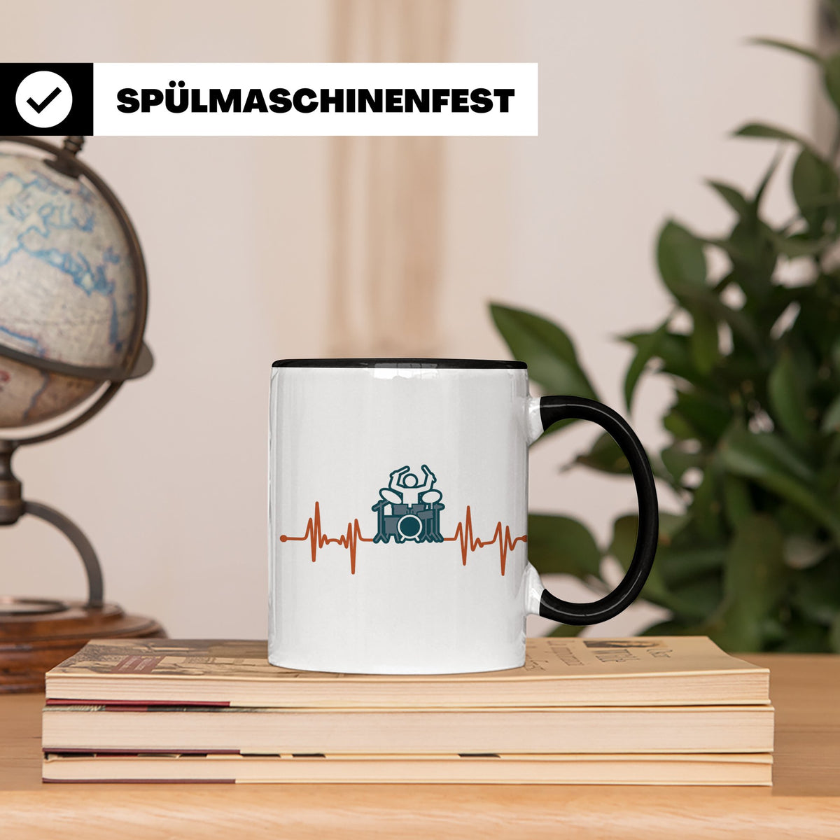 Schlagzeuger Tasse mit Herzschlag EKG Motiv | Geschenk für D – Schwarz [farbe:schwarz]