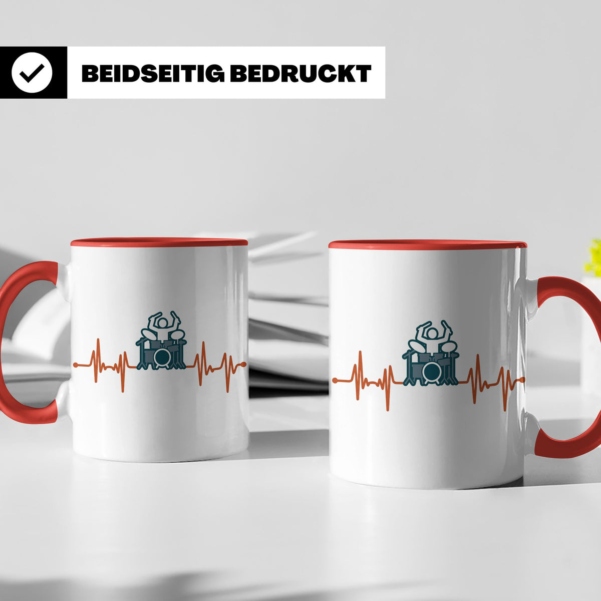 Schlagzeuger Tasse mit Herzschlag EKG Motiv | Geschenk für D – Rot [farbe:rot]