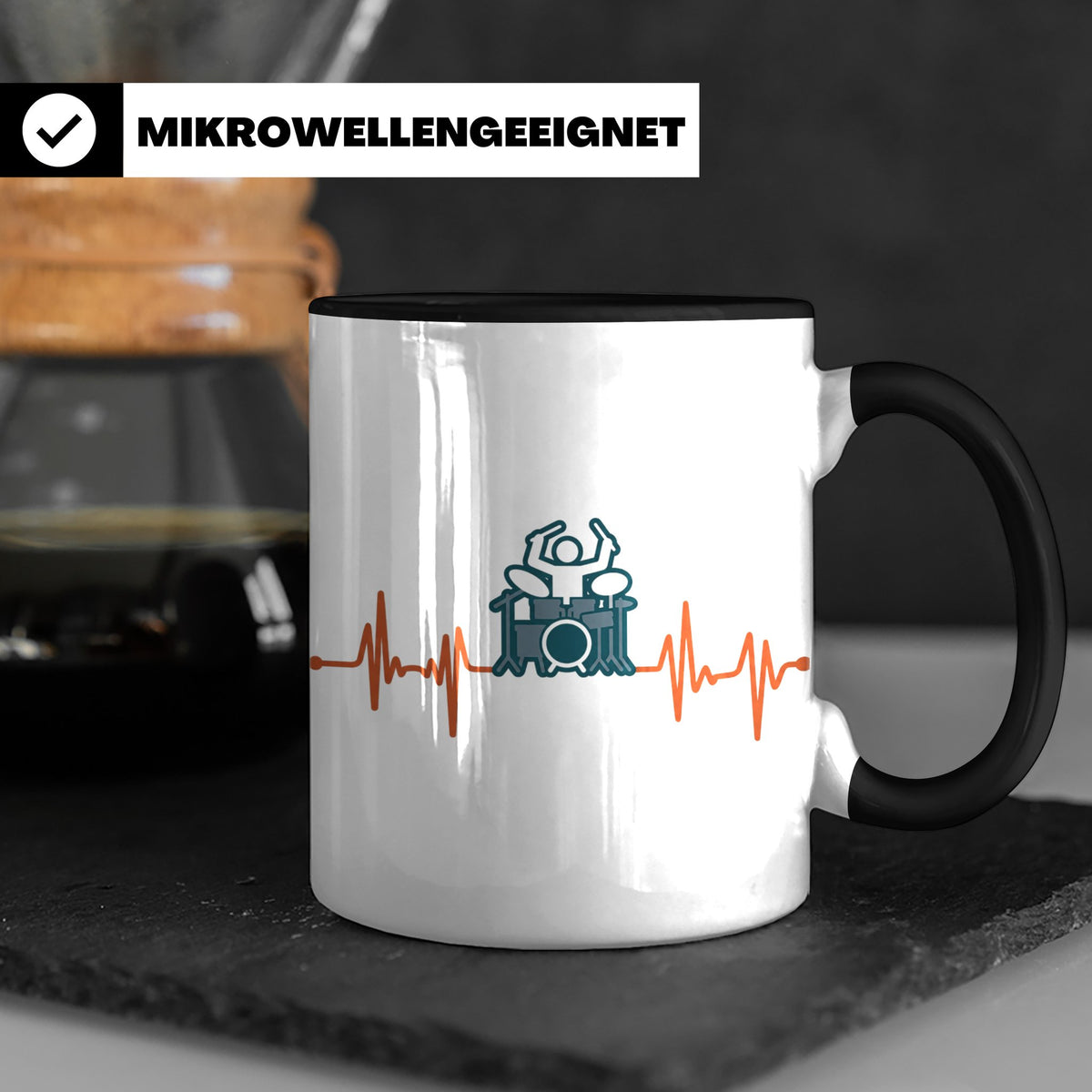 Schlagzeuger Tasse mit Herzschlag EKG Motiv | Geschenk für D – Schwarz [farbe:schwarz]