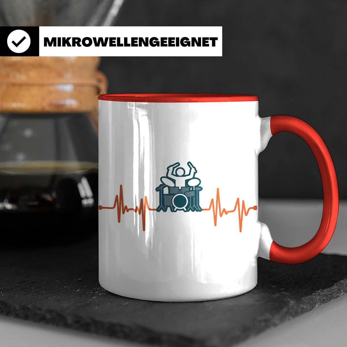 Schlagzeuger Tasse mit Herzschlag EKG Motiv | Geschenk für D – Rot [farbe:rot]