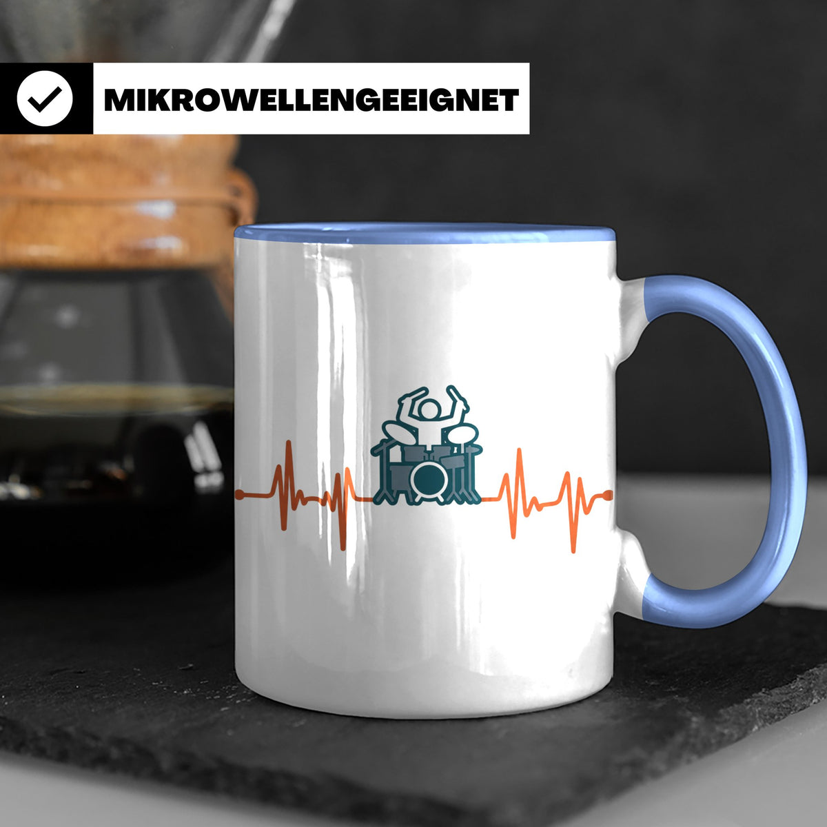 Schlagzeuger Tasse mit Herzschlag EKG Motiv | Geschenk für D – Blau [farbe:blau]
